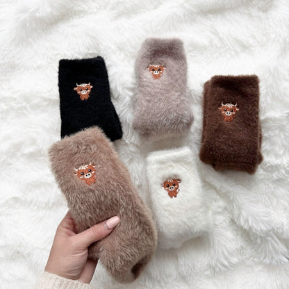 Kuschelsocken Damen | Fünferpack | Flauschig | Highland Kuh Stickerei-HauteBerlin