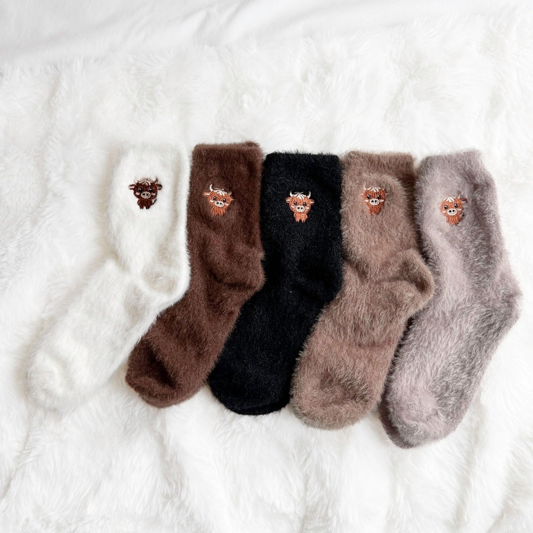 Kuschelsocken Damen | Fünferpack | Flauschig | Highland Kuh Stickerei-HauteBerlin