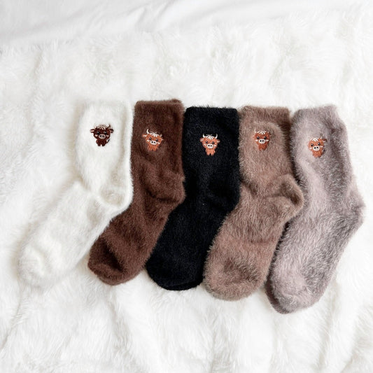 Kuschelsocken Damen | Fünferpack | Flauschig | Highland Kuh Stickerei-HauteBerlin