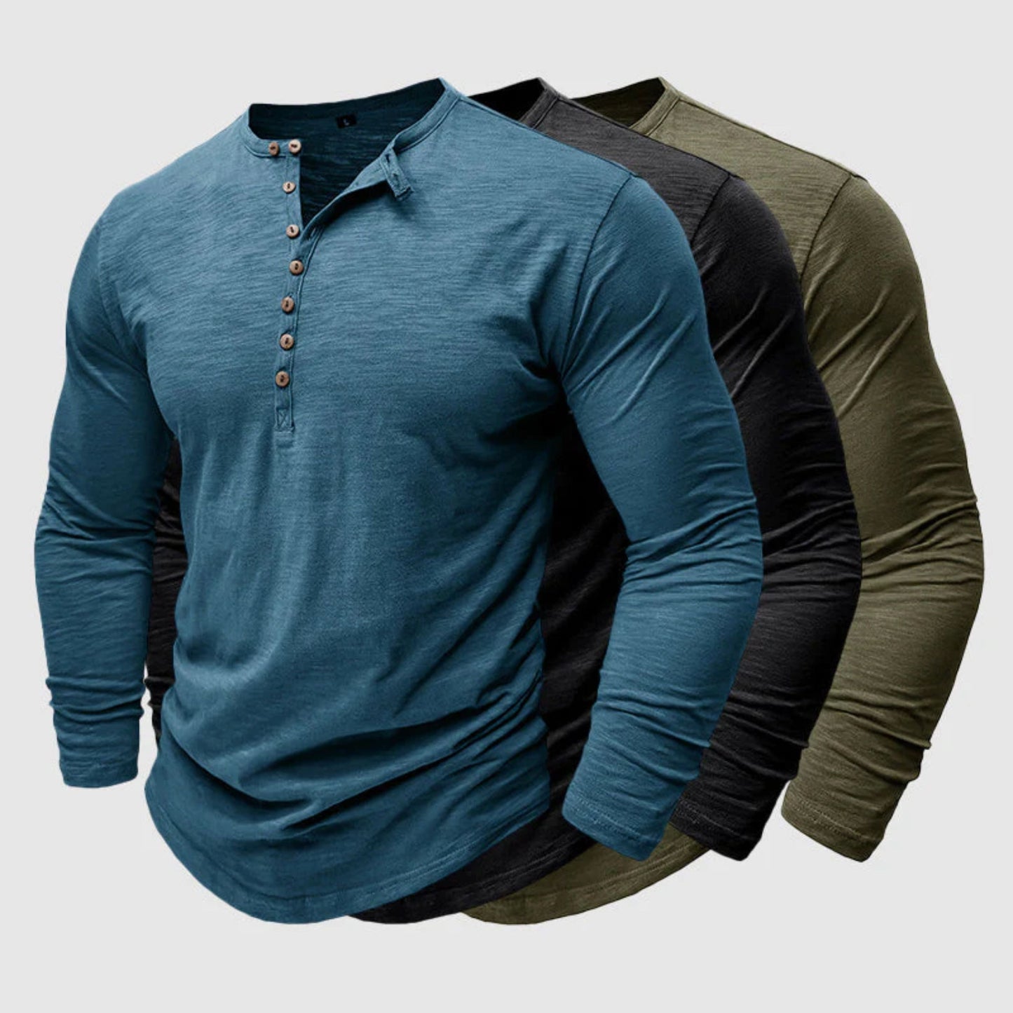 Langärmeliges T-Shirt - Herren Casual Plain Buttoned Up Henley Shirt-HauteBerlin