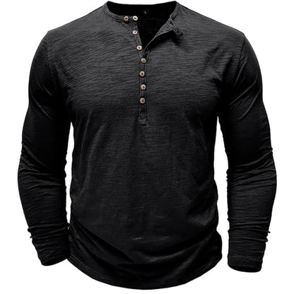 Langärmeliges T-Shirt - Herren Casual Plain Buttoned Up Henley Shirt-HauteBerlin
