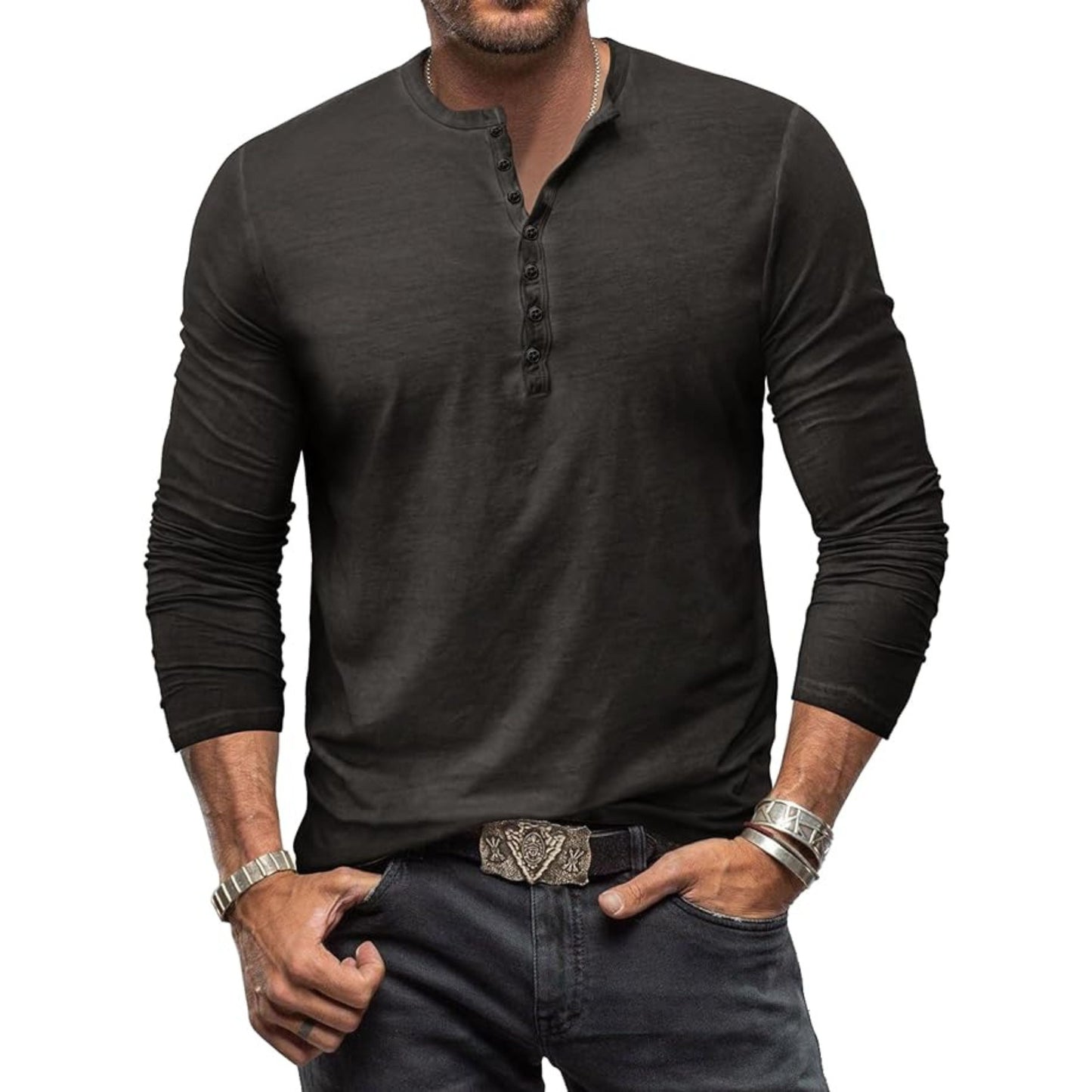 Langärmeliges T-Shirt - Herren Casual Plain Buttoned Up Henley Shirt-HauteBerlin