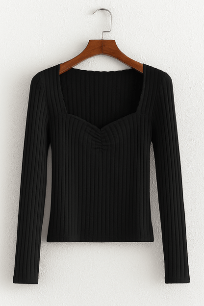 Langärmeliges Top - Frauen Quadratischer Ausschnitt Slim Fit Geripptes Top-HauteBerlin