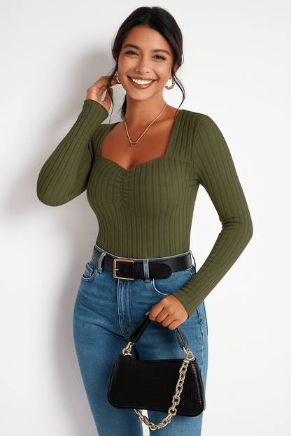 Langärmeliges Top - Frauen Quadratischer Ausschnitt Slim Fit Geripptes Top-HauteBerlin