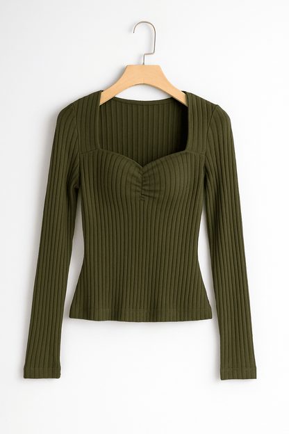 Langärmeliges Top - Frauen Quadratischer Ausschnitt Slim Fit Geripptes Top-HauteBerlin