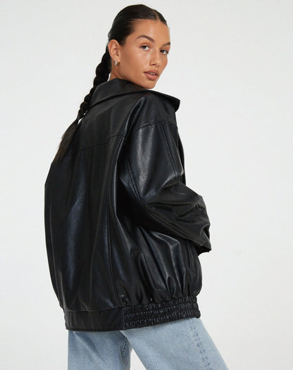 Lederbomberjacke - Schwarze Lederjacke in Übergröße für Frauen-HauteBerlin