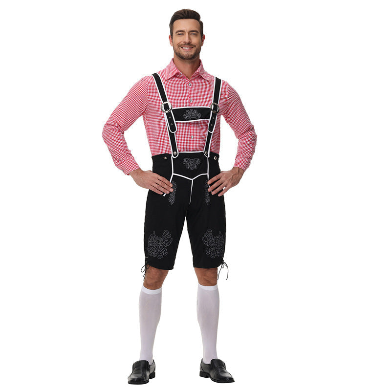 Lederhose Herren - Leder Hosenträger Stickerei Rot Oktoberfest-HauteBerlin