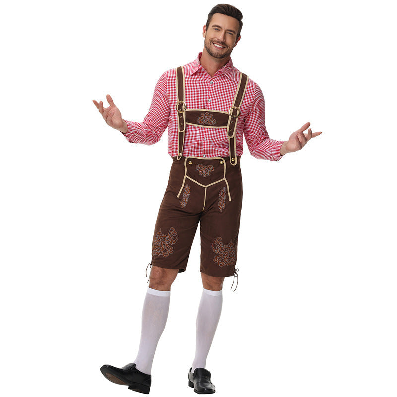 Lederhose Herren - Leder Hosenträger Stickerei Rot Oktoberfest-HauteBerlin