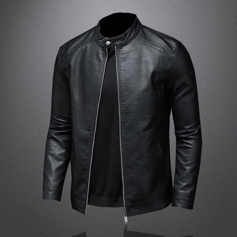 Lederjacke - Schwarze schlichte Kunstlederjacke mit Reißverschluss für Männer-HauteBerlin