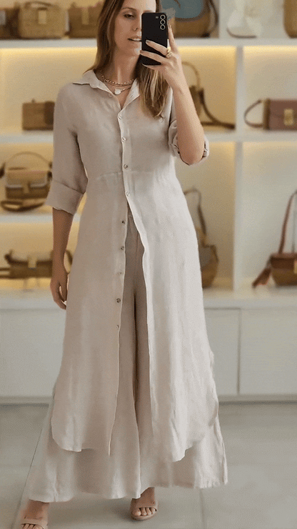 Leinen-Zweiteiler – Lange Damenbluse und weite Hose-HauteBerlin