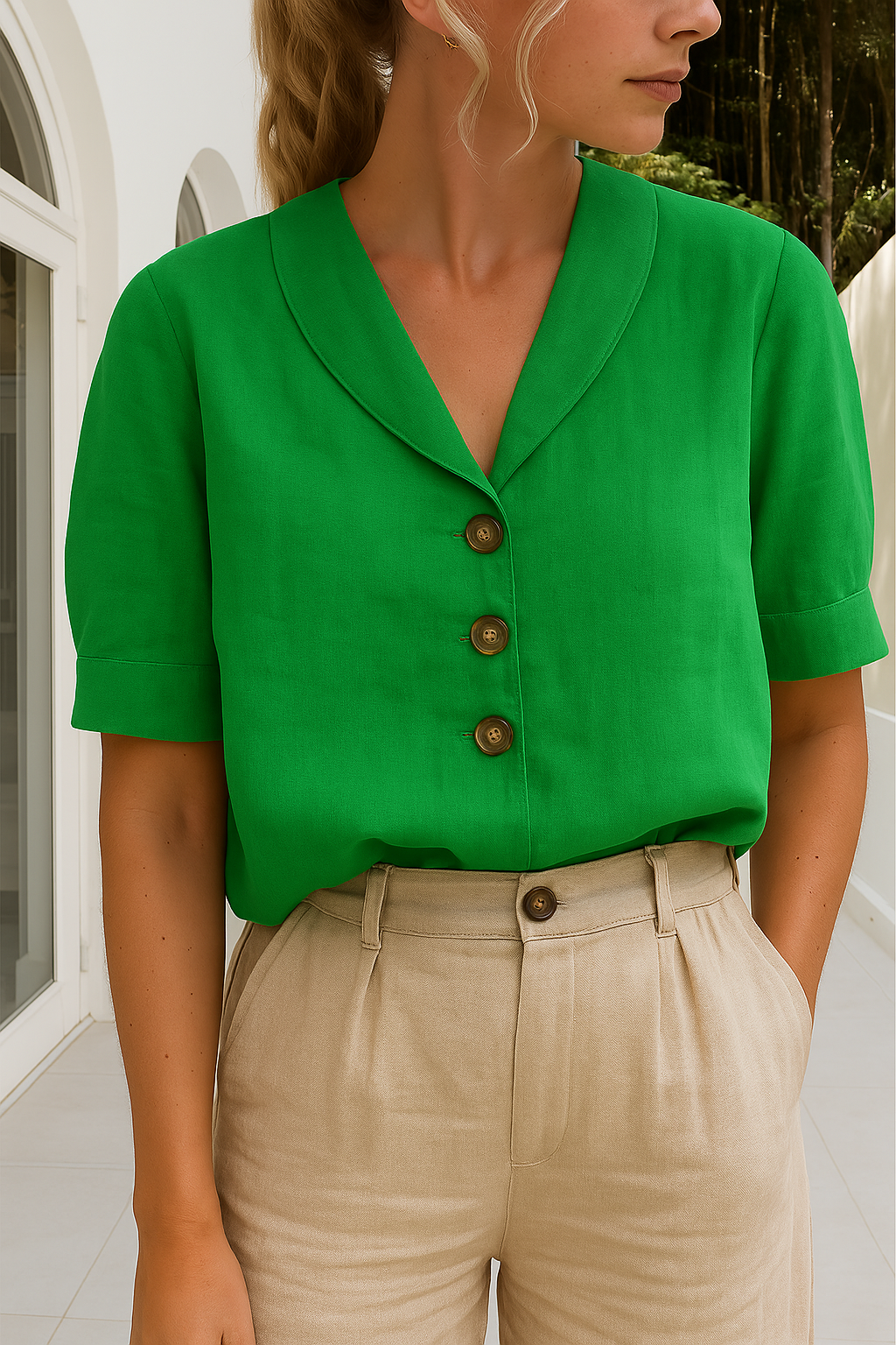 Leinenbluse | Kurzarm | Mit Kragen | Leinen-Top für Damen-HauteBerlin