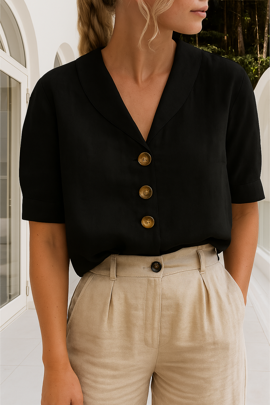 Leinenbluse | Kurzarm | Mit Kragen | Leinen-Top für Damen-HauteBerlin
