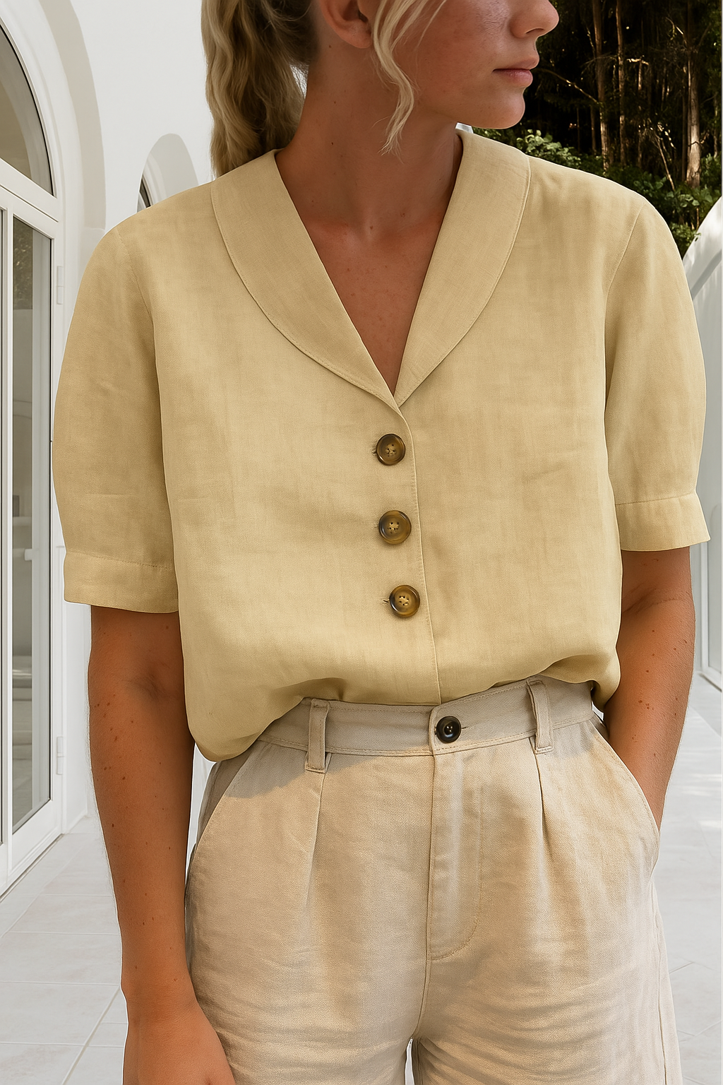 Leinenbluse | Kurzarm | Mit Kragen | Leinen-Top für Damen-HauteBerlin