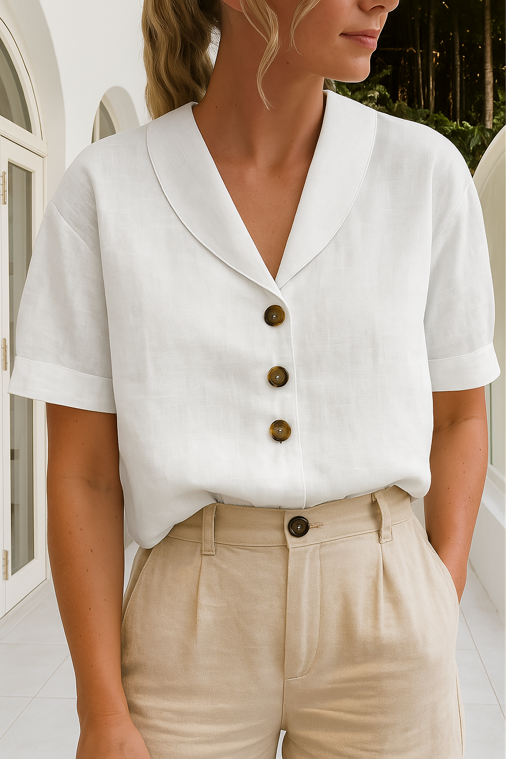 Leinenbluse | Kurzarm | Mit Kragen | Leinen-Top für Damen-HauteBerlin