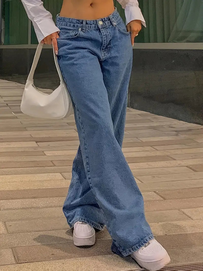 Lockere Passform Jeans – Blaue Baggy Jeans mit niedriger Leibhöhe für Frauen-HauteBerlin