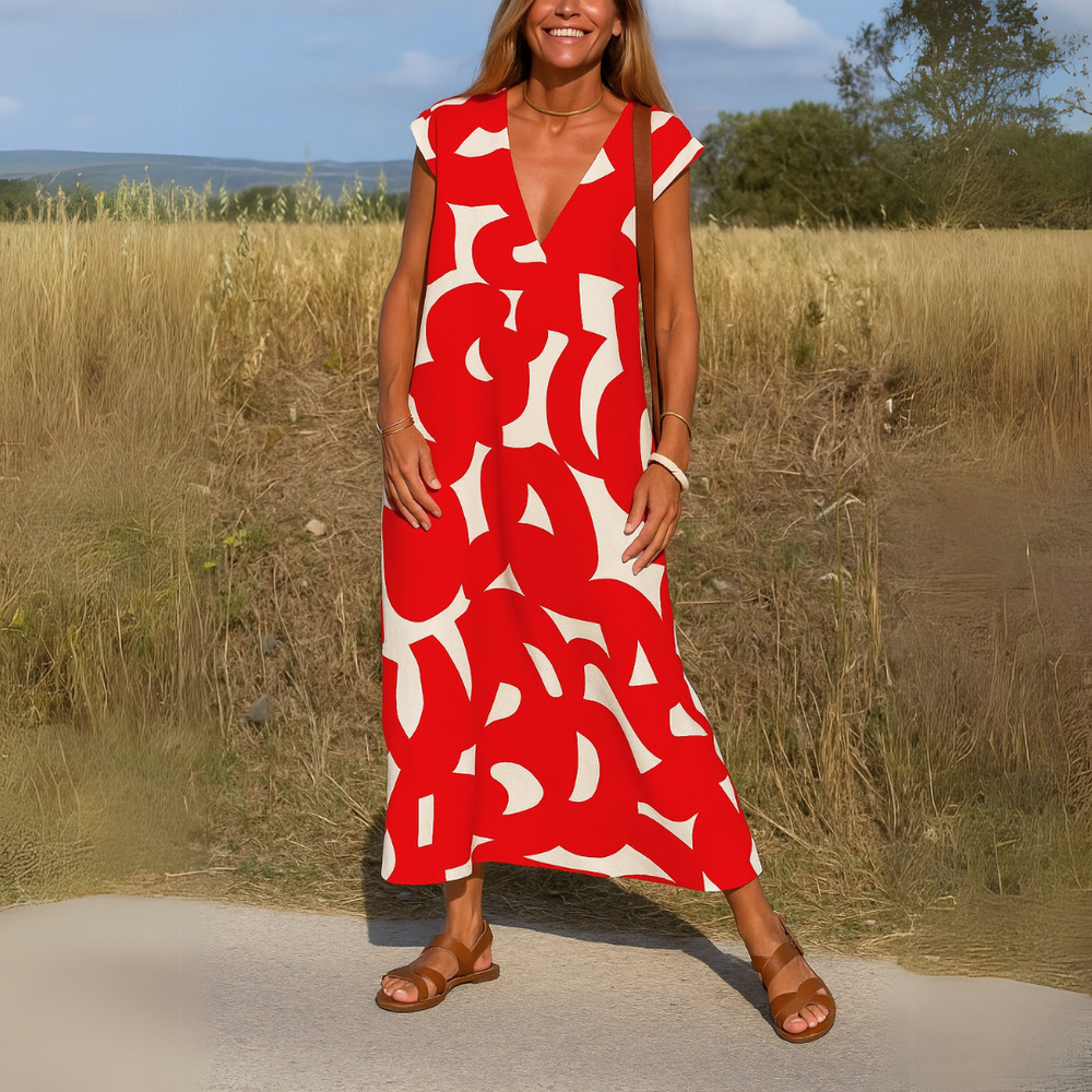 Maxi-Sommerkleid | Ärmellos | V-Ausschnitt | Locker sitzendes Kleid | Sommerkleid-HauteBerlin