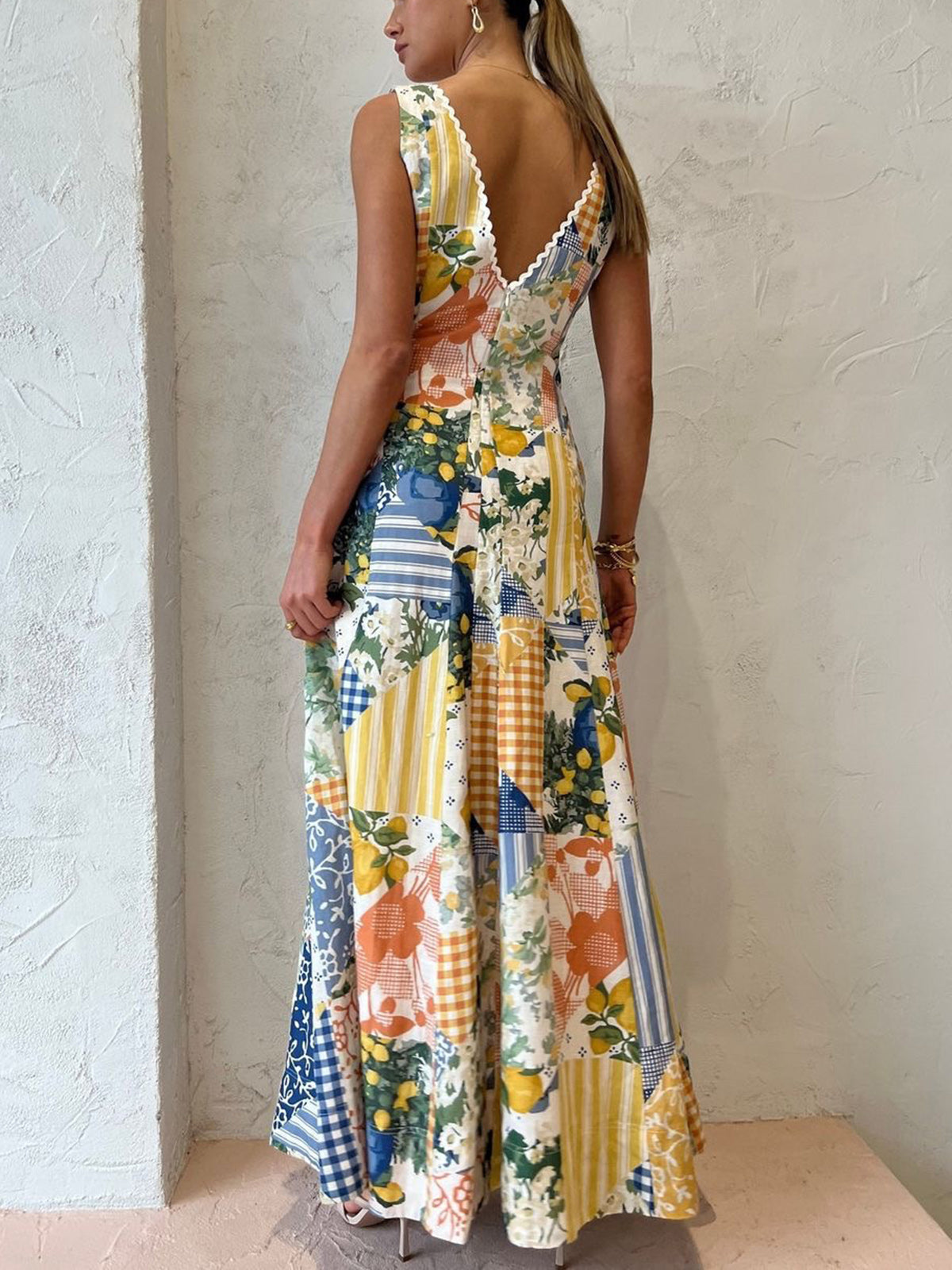 Maxikleid | Ärmellos | Patchwork | V-Ausschnitt | Sommerkleid-HauteBerlin