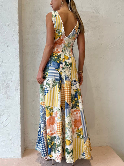 Maxikleid | Ärmellos | Patchwork | V-Ausschnitt | Sommerkleid-HauteBerlin