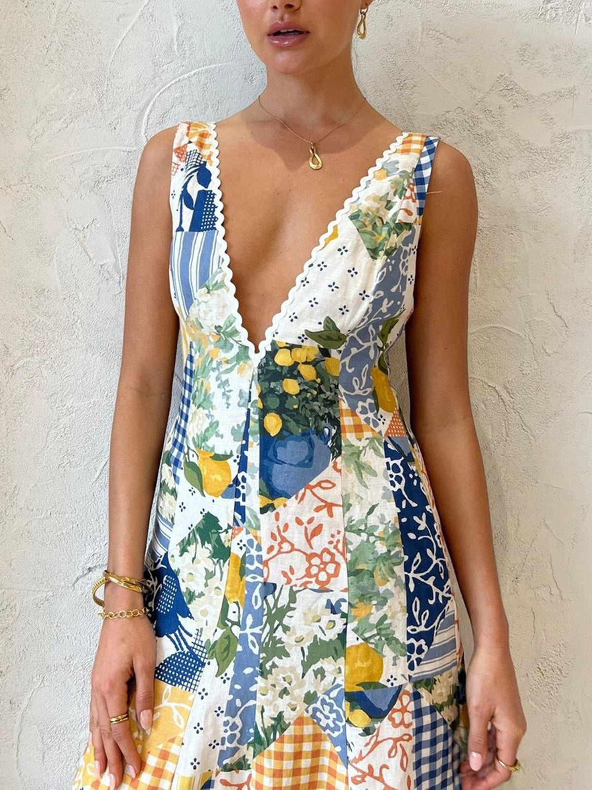 Maxikleid | Ärmellos | Patchwork | V-Ausschnitt | Sommerkleid-HauteBerlin