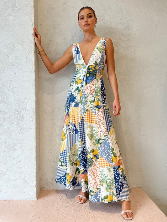 Maxikleid | Ärmellos | Patchwork | V-Ausschnitt | Sommerkleid-HauteBerlin