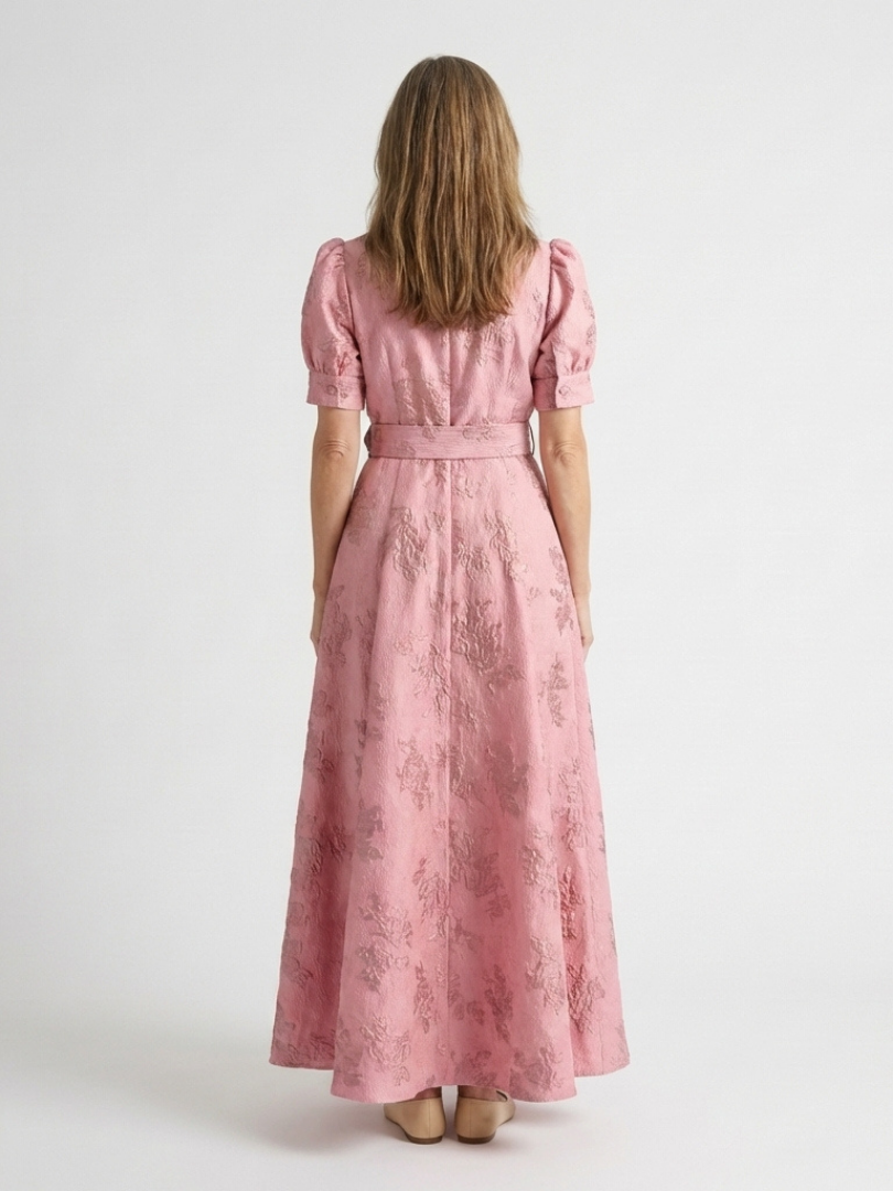 Maxikleid – Puffärmel – Mit Gürtel – Rosa Kleid – Kleid mit Knopfleiste-HauteBerlin