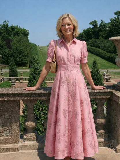 Maxikleid – Puffärmel – Mit Gürtel – Rosa Kleid – Kleid mit Knopfleiste-HauteBerlin