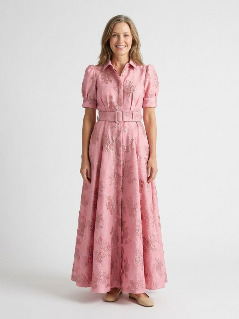 Maxikleid – Puffärmel – Mit Gürtel – Rosa Kleid – Kleid mit Knopfleiste-HauteBerlin