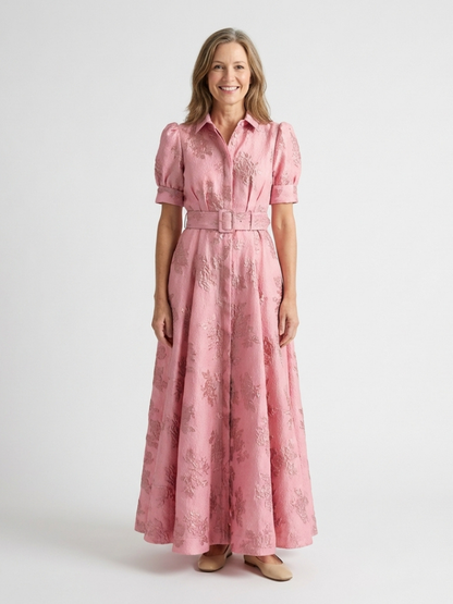 Maxikleid – Puffärmel – Mit Gürtel – Rosa Kleid – Kleid mit Knopfleiste-HauteBerlin