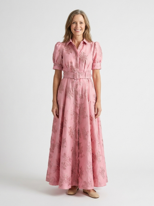 Maxikleid – Puffärmel – Mit Gürtel – Rosa Kleid – Kleid mit Knopfleiste-HauteBerlin