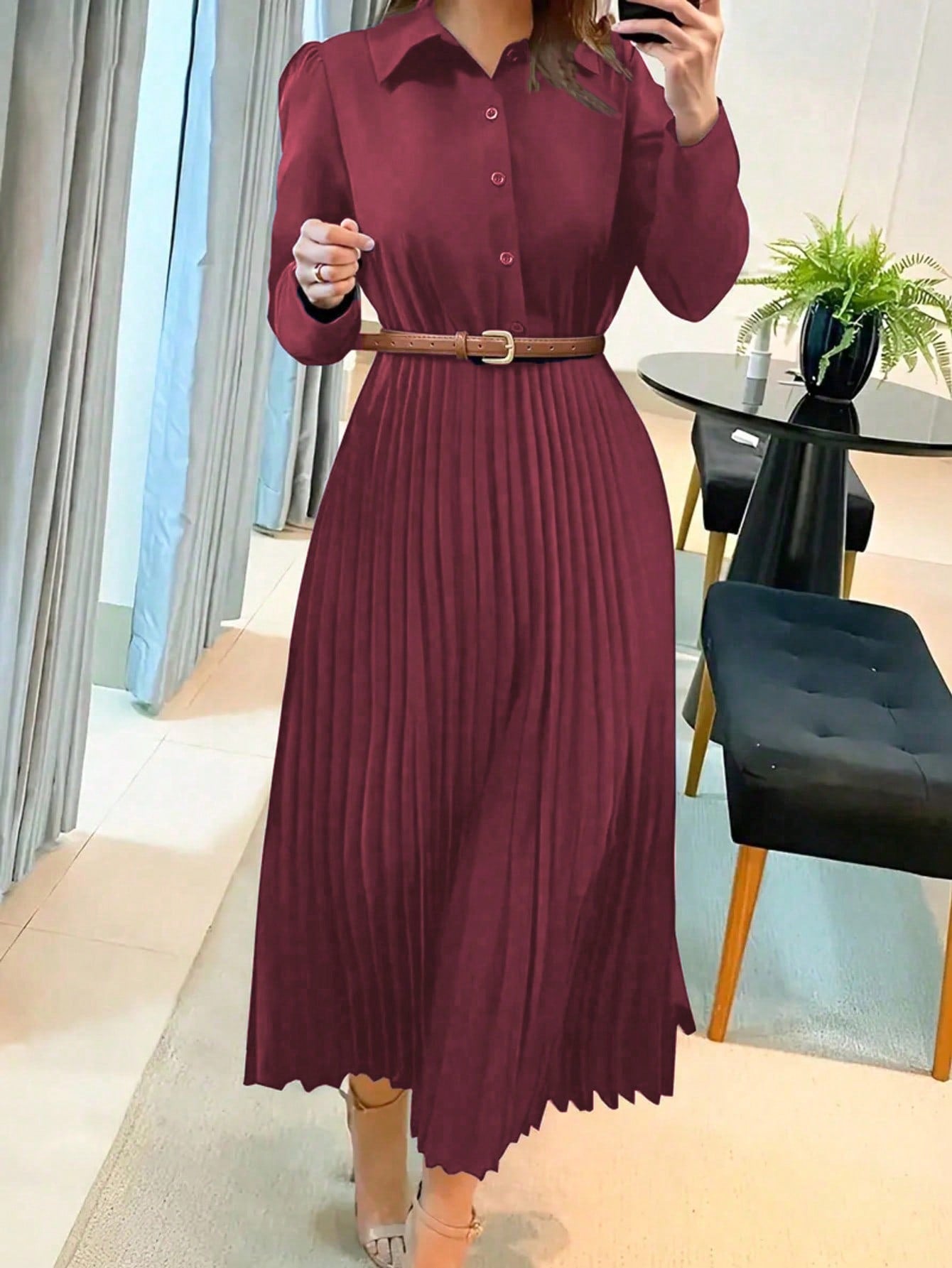Midi-Kleid – Langärmliges Plisseekleid für Frauen-HauteBerlin