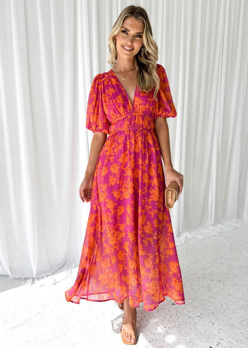 Midikleid | Chiffon | Blumenmuster | V-Ausschnitt | Sommer-HauteBerlin