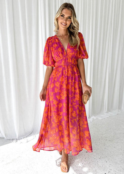 Midikleid | Chiffon | Blumenmuster | V-Ausschnitt | Sommer-HauteBerlin
