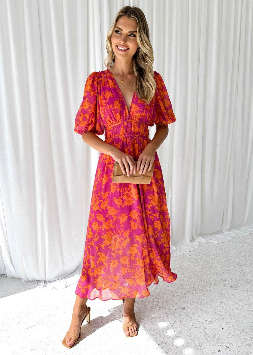 Midikleid | Chiffon | Blumenmuster | V-Ausschnitt | Sommer-HauteBerlin