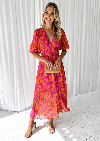 Midikleid | Chiffon | Blumenmuster | V-Ausschnitt | Sommer-HauteBerlin