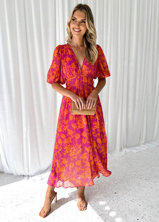 Midikleid | Chiffon | Blumenmuster | V-Ausschnitt | Sommer-HauteBerlin