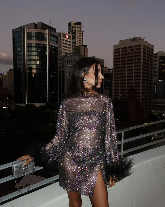 Mini-Kleid | Mesh-Federn | Transparentes Partykleid-HauteBerlin