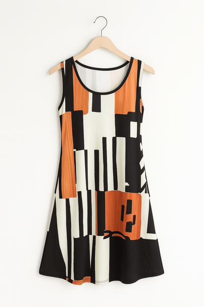 Minikleid – Bedrucktes, ärmelloses, locker sitzendes Kleid für Frauen-HauteBerlin