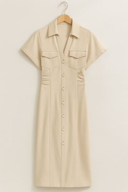 Mittellanges Kleid | Kurzarm | Mit Kragen | Knopfleiste | Hemdkleid-HauteBerlin