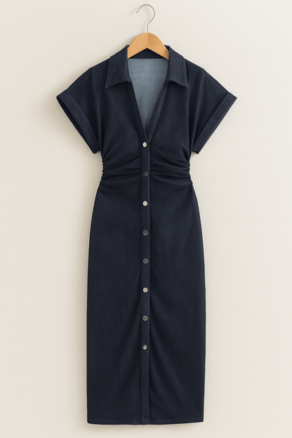 Mittellanges Kleid | Kurzarm | Mit Kragen | Knopfleiste | Hemdkleid-HauteBerlin