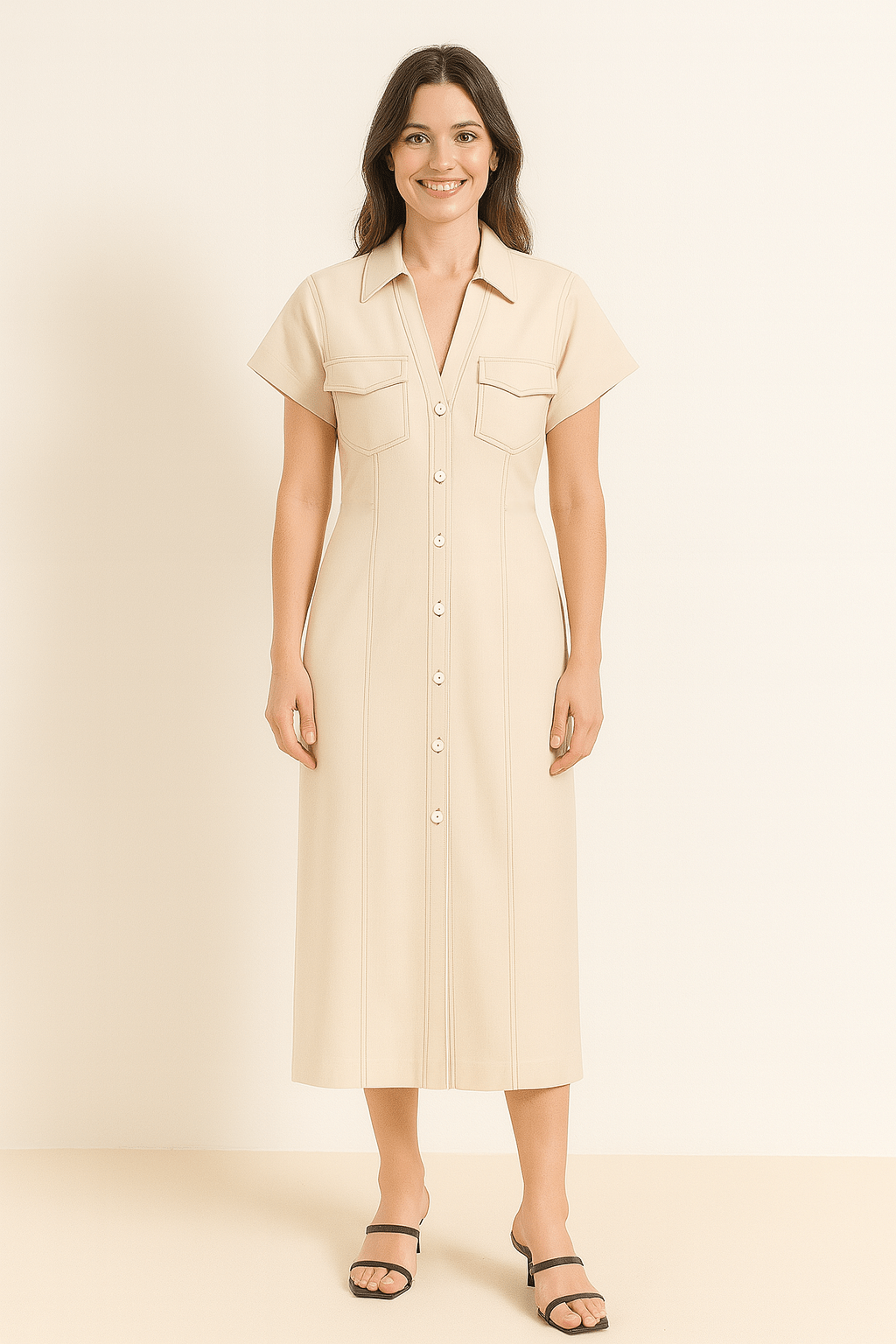 Mittellanges Kleid | Kurzarm | Mit Kragen | Knopfleiste | Hemdkleid-HauteBerlin