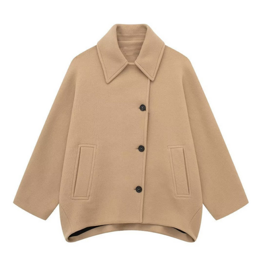 Oversized Jacke – Beige Damenjacke mit Kragen und einreihiger Knopfleiste-HauteBerlin