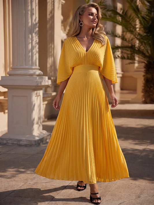 Plisseekleid Damen: Elegantes Maxikleid mit V-Ausschnitt und Fledermausärmeln-HauteBerlin
