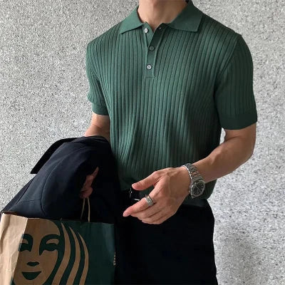 Polohemd | Button-up-Kragen | Umgeschlagener Kragen | Rippstrick-T-Shirt | Herrenhemden-HauteBerlin