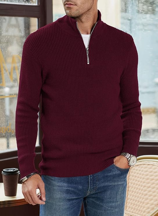 Pullover mit Viertelreißverschluss | Gestrickt | Rippstrick | Polopullover | Herrenpullover mit halbem Reißverschluss-HauteBerlin