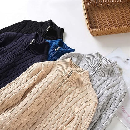 Pullover mit Viertelreißverschluss – Zopfmuster – Halbreißverschluss – Strickpullover – Herrenpullover mit Viertelreißverschluss-HauteBerlin