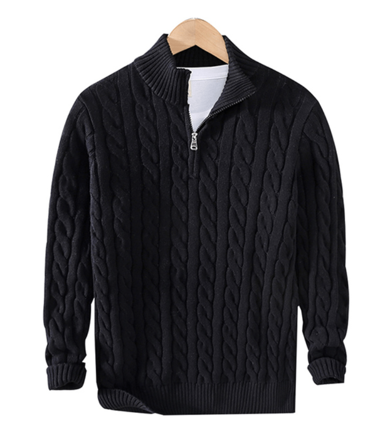 Pullover mit Viertelreißverschluss – Zopfmuster – Halbreißverschluss – Strickpullover – Herrenpullover mit Viertelreißverschluss-HauteBerlin