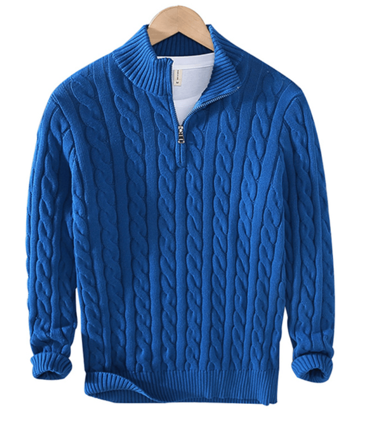 Pullover mit Viertelreißverschluss – Zopfmuster – Halbreißverschluss – Strickpullover – Herrenpullover mit Viertelreißverschluss-HauteBerlin