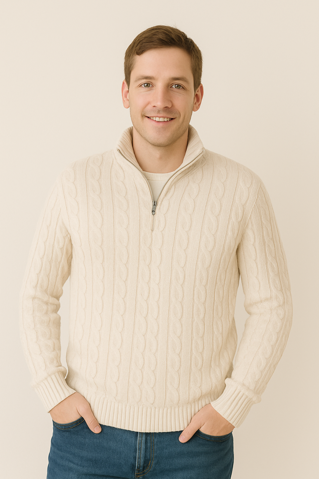 Pullover mit Viertelreißverschluss – Zopfmuster – Halbreißverschluss – Strickpullover – Herrenpullover mit Viertelreißverschluss-HauteBerlin