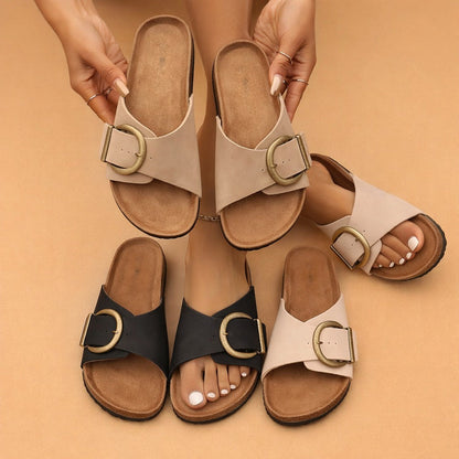 Sandalen Damen mit Korkfußbett – Pantoletten mit Schnalle-HauteBerlin