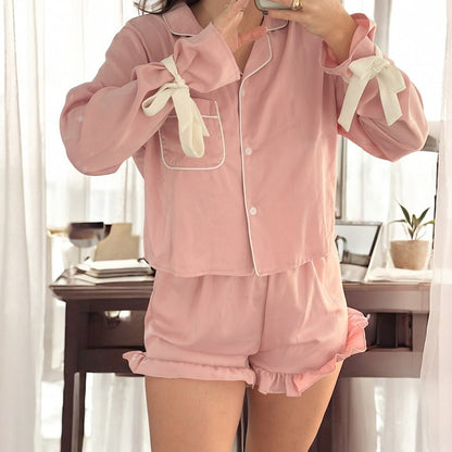 Schlafanzug Damen | Langarm & Shorts | Schleifen Details-HauteBerlin